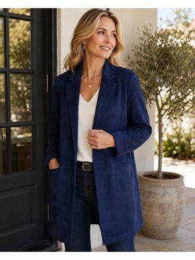 Dressbarn Womens Large Navy Blue Faux Suede Long Blazer Jacket Stretch